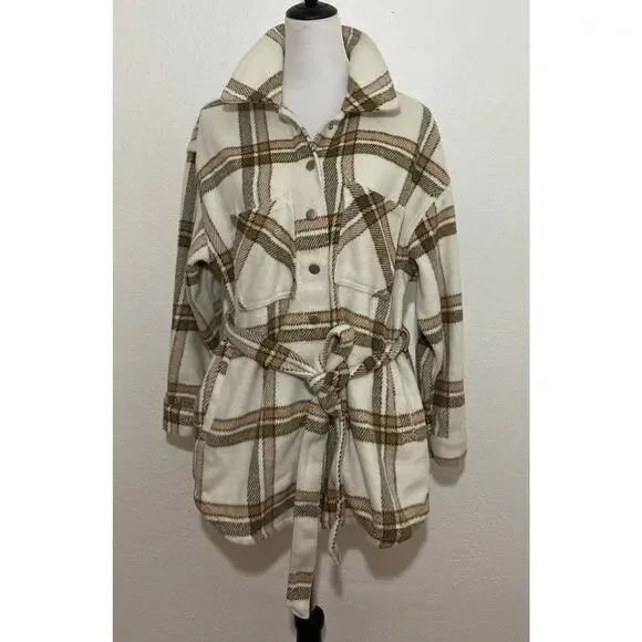 Eloquii Elements Size 14/16 Cream Tan Plaid Wool Blend Shacket with Belt Pocket - Picture 1 of 13